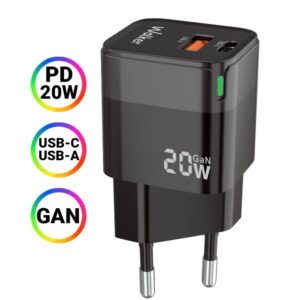 Мережевий зарядний пристрій (адаптер) WALKER WH-42 20W GAN PD_20W / QC3.0_18W black