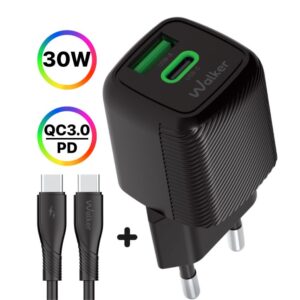 Мережевий зарядний пристрій (адаптер) 2в1 WALKER WH-71 GAN 30W + Data Cable Type-C to Type-C black
