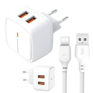 Мережевий зарядний пристрій (адаптер) 2в1 XO L61 2USB / 2.4A + Data Cable USB to Type-C white