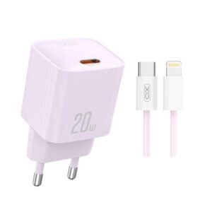 Мережевий зарядний пристрій (адаптер) 2в1 XO L146 PD_20W + Data Cable Type-C to Lightning purple