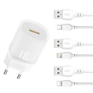 Мережевий зарядний пристрій (адаптер) 2в1 XO L157 1USB/QC3.0/18W + Data Cable USB to Lightning white