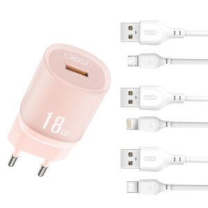 Мережевий зарядний пристрій (адаптер) 2в1 XO L157 1USB/QC3.0/18W + Data Cable USB to Lightning pink