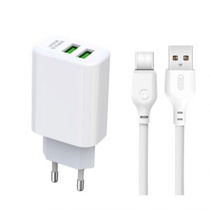 Мережевий зарядний пристрій (адаптер) 2в1 XO L85C 2USB / 2.4A + Data Cable USB to Type-C white