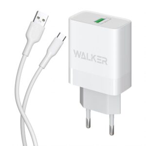 Мережевий зарядний пристрій (адаптер) 2в1 WALKER WH-35 1USB / QC3.0 / 3A / 18W + Data Cable USB to Micro white