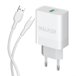 Мережевий зарядний пристрій (адаптер) 2в1 WALKER WH-35 1USB / QC3.0 / 3A / 18W + Data Cable USB to Type-C white
